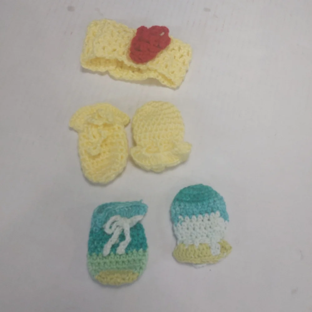 Baby Girl Mitten and Headband. Yellow Red and Blue